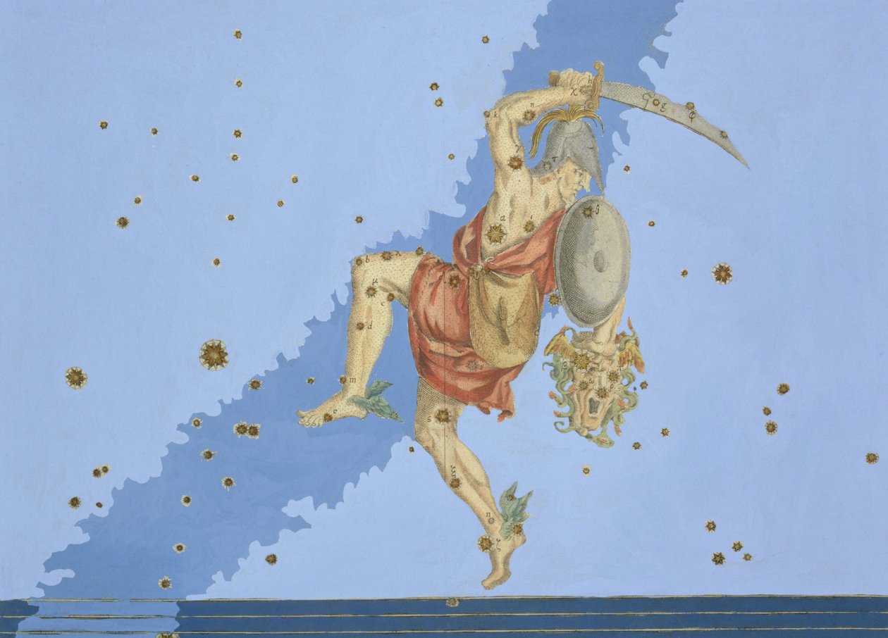 Perseus Medusan pään kanssa, Johann Bayerin Uranometriasta, kaivertanut Alexander Mair (1559-n.1616) 1603 (käsinvärinen kuparikaiverrus) tekijältä Johann Bayer