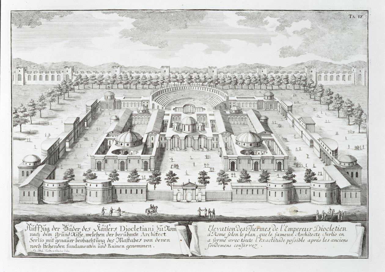 Diocletianuksen kylpylä (302 jKr), Rooma, teoksesta "Historiallisen arkkitehtuurin suunnittelu", 1721 tekijältä Johann Bernhard Fischer von Erlach