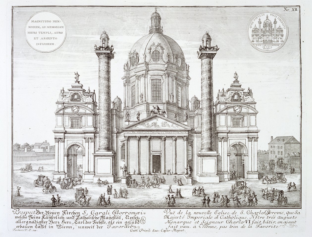 Pyhän Kaarlen Borromeon kirkko (1538-84), Wien, "Historiallisen arkkitehtuurin suunnitelmasta", kaiverrus Johann Adam Delsenbach (1687-1765), 1721 tekijältä Johann Bernhard Fischer von Erlach