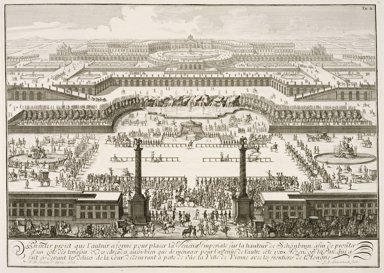 Ensimmäinen ehdotus Schonbrunnin palatsiksi Wienissä teoksesta "Historiallisen arkkitehtuurin suunnittelu", kaiverrus Johann Adam Delsenbach (1687-1765) 1721 tekijältä Johann Bernhard Fischer von Erlach