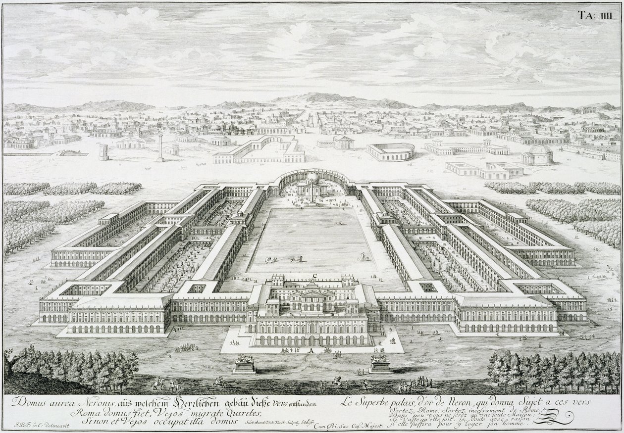 Keisari Neron kultainen palatsi (54-68 jKr), Rooma, teoksesta "Historiallisen arkkitehtuurin suunnittelu", 1721 tekijältä Johann Bernhard Fischer von Erlach