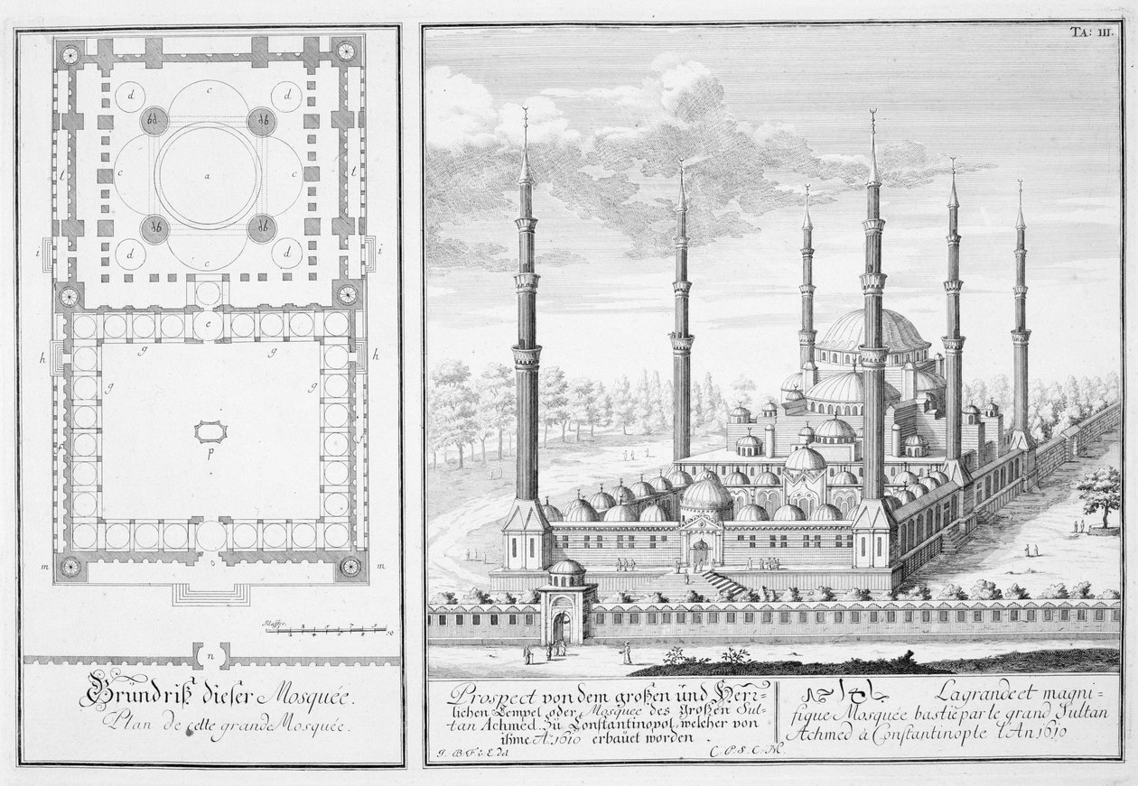 Suunnitelma ja näkymä Sinisestä moskeijasta (1609-16), jonka rakensi sulttaani Ahmed I (1603-17), Istanbul, "Historiallisen arkkitehtuurin suunnitelmasta", 1721 tekijältä Johann Bernhard Fischer von Erlach