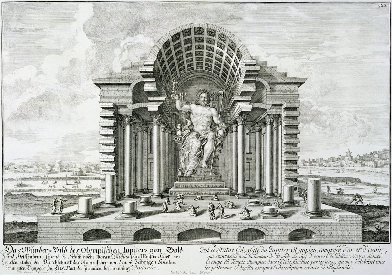 Olympolaisen Zeuksen patsas, jonka Phidias teki kullasta ja norsunluusta, piirretty Pausaniaksen (143-176 jKr) tarkan kuvauksen mukaan, 