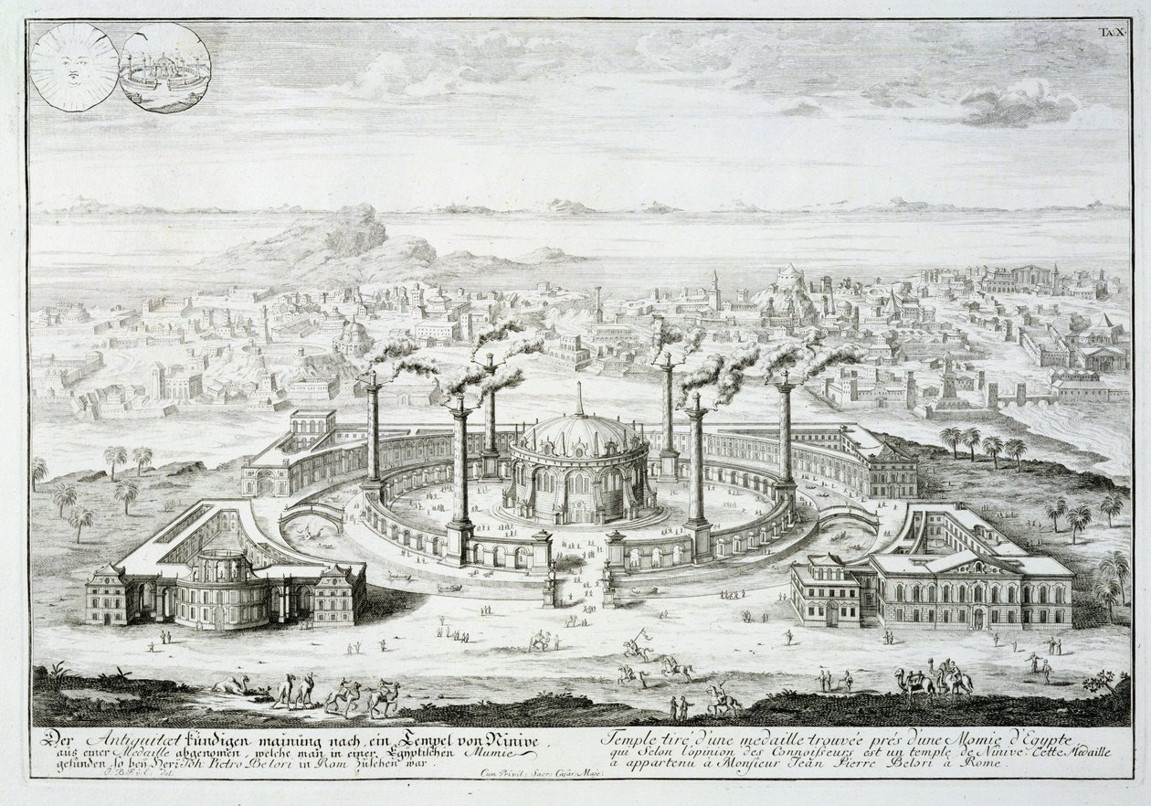 Temppeli on kopioitu egyptiläisen muumion vierestä löytyneestä mitalista, Entwurf einer historischen Architektur, 1721 tekijältä Johann Bernhard Fischer von Erlach
