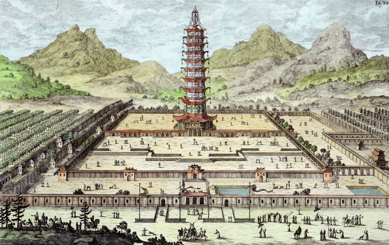 Nankingin posliinitorni, levy 12 teoksesta "Historiallisen arkkitehtuurin suunnittelu", kaiverrus Johann Adam Delsenbach (1687-1765) 1721 (myöhempi väri) tekijältä Johann Bernhard Fischer von Erlach