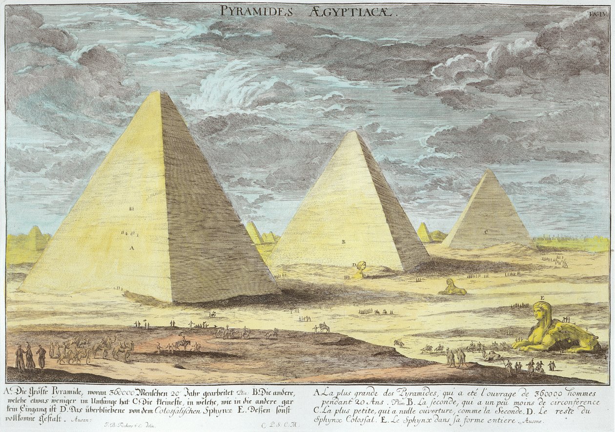 Egyptin pyramidit, levy 4 teoksesta "Historiallisen arkkitehtuurin suunnittelu", kaiverrus Johann Adam Delsenbach (1687-1765) 1721 (myöhempi väri) tekijältä Johann Bernhard Fischer von Erlach