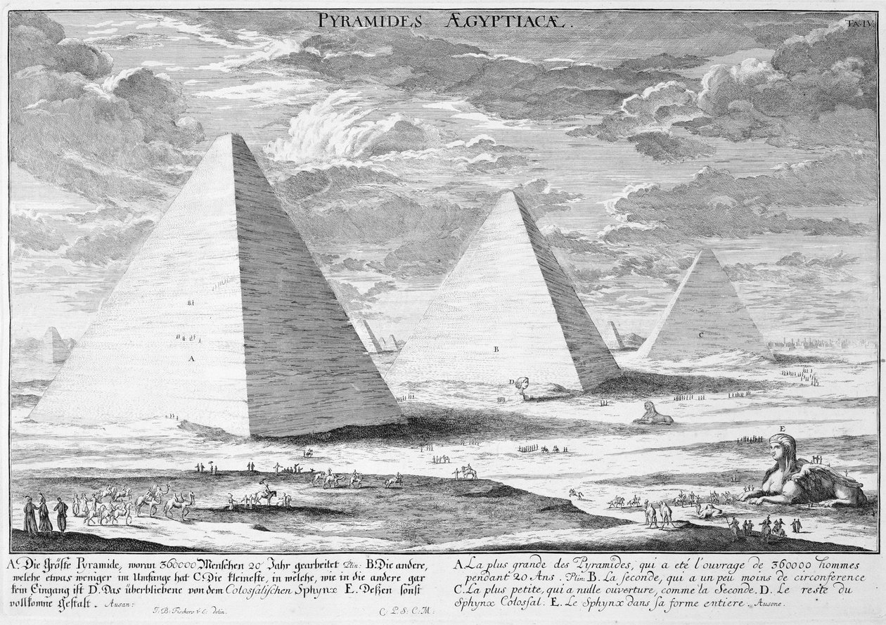 Egyptin pyramidit, levy 4 teoksesta "Entwurf einer historischen Architektur", kaiverrettu Johann Adam Delsenbachin (1687-1765) 1721. tekijältä Johann Bernhard Fischer von Erlach