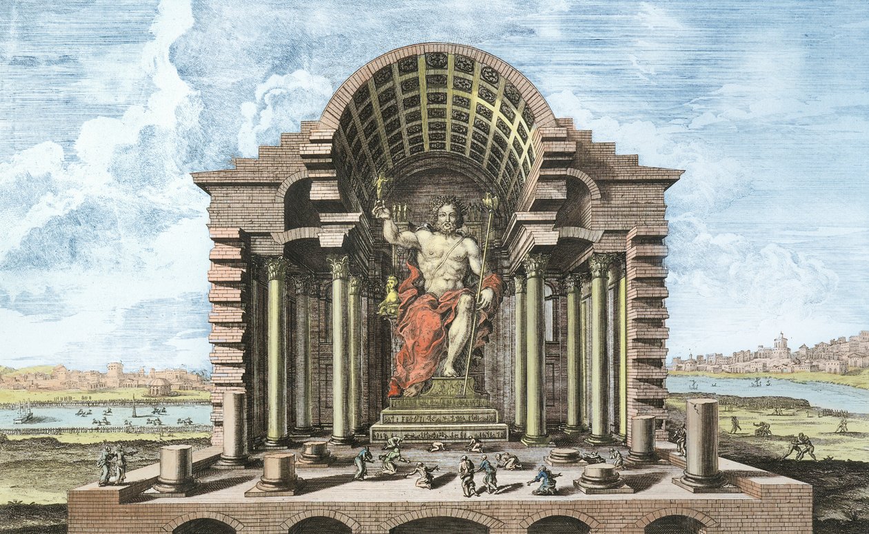 Phidiaksen Olympos Zeuksen patsas, levy 5 teoksesta "Entwurf einer historischen Architektur", kaiverrettu Johann Adam Delsenbachin (1687-1765) 1721 (myöhempi väritys). tekijältä Johann Bernhard Fischer von Erlach