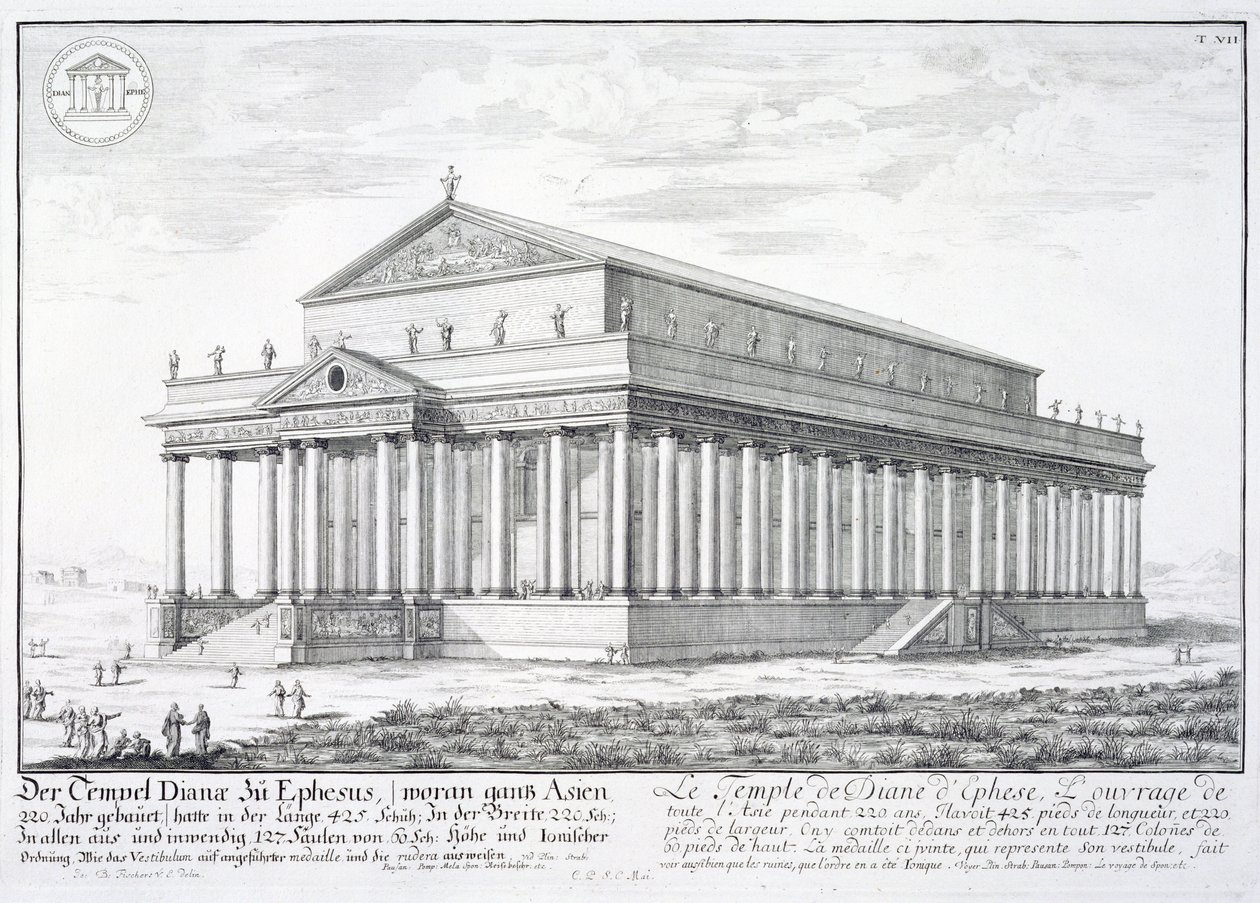 Dianan temppeli Efesoksessa, Turkissa, "Historiallisen arkkitehtuurin luonnoksesta", 1721 tekijältä Johann Bernhard Fischer von Erlach
