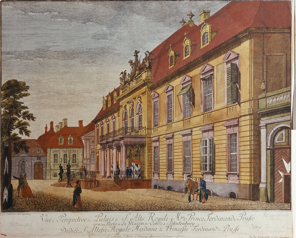 Preussin prinssi Ferdinandin palatsi, Berliini (käsin väritetty kaiverrus) tekijältä Johann Carl Wilhelm Rosenberg