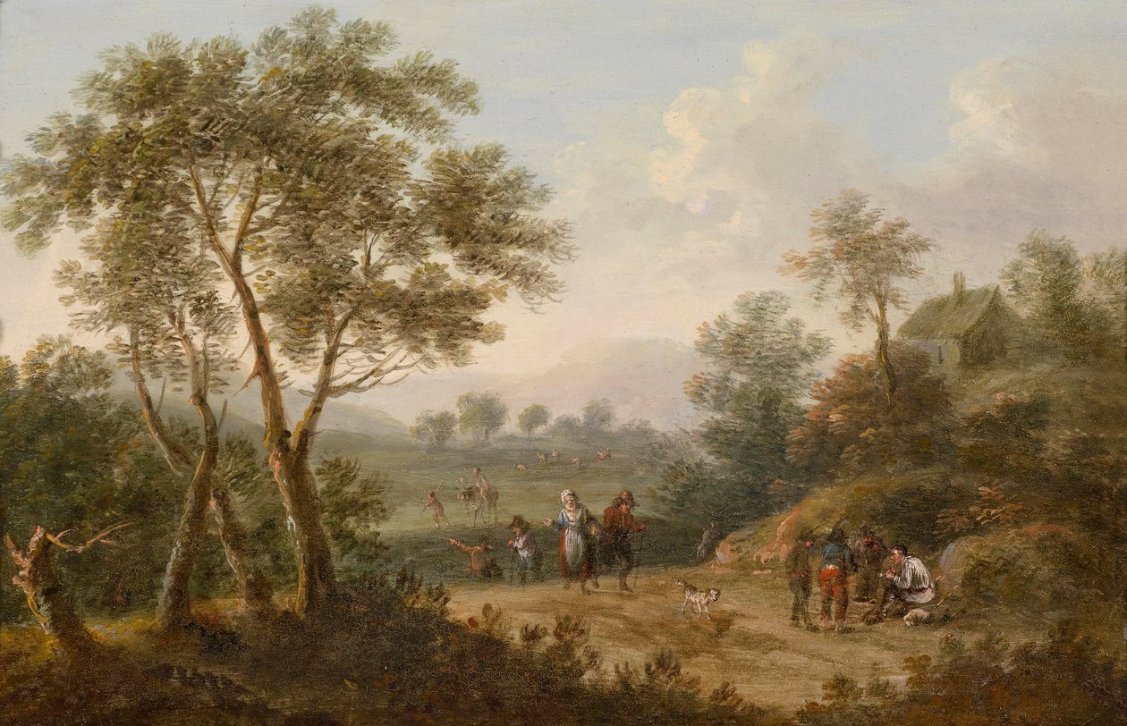 Baumbestandene Landschaft mit Reisenden tekijältä Johann Christian Brand