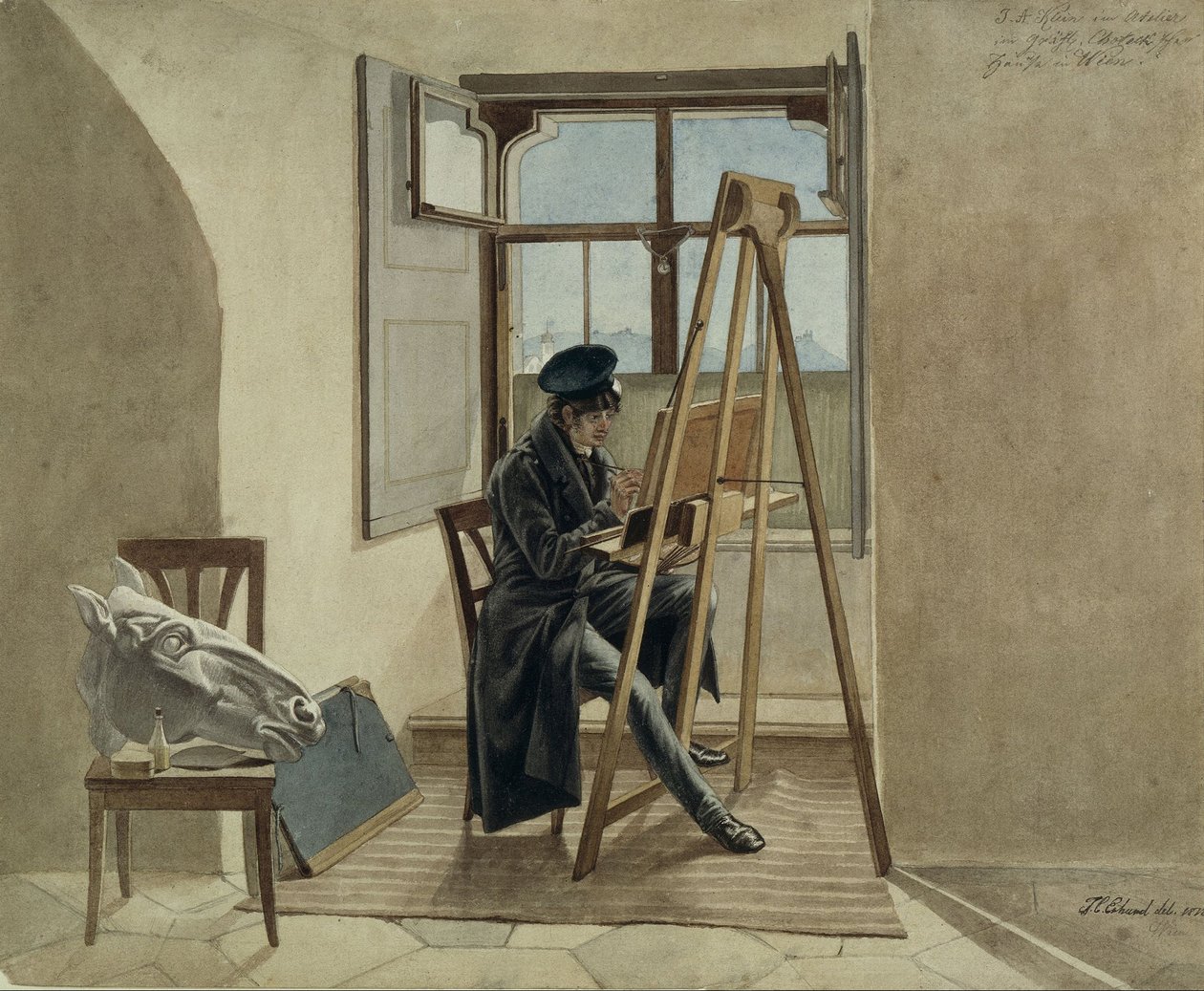 Taidemaalari Johann Adam Klein maalaustelineellä studiossaan Wienin Palais Chotekissa tekijältä Johann Christoph Erhard
