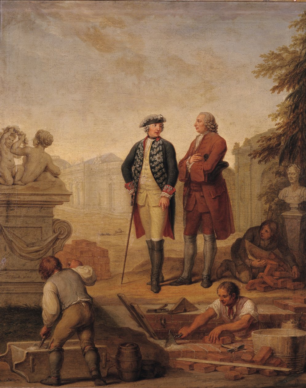 Preussin kuningas Frederick II (1712-86) ja Argensin markiisi (1704-1771) tarkastamassa Sanssoucin rakentamista Potsdamissa tekijältä Johann Christoph Frisch