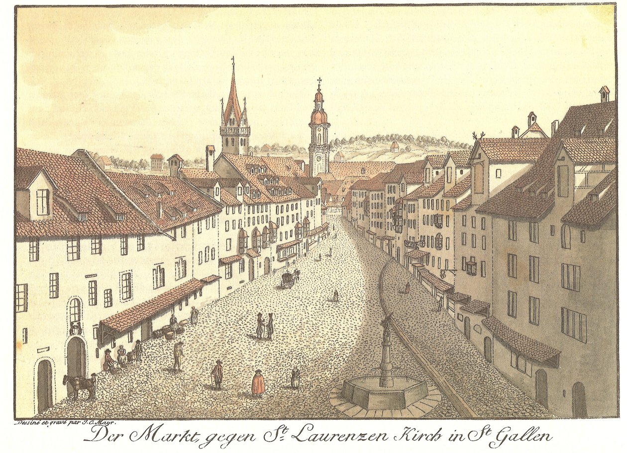 Der Markt gegen St.Laurenzen Kirch, St.Gallen (Alkuperäinen nimi) tekijältä Johann Conrad Mayr