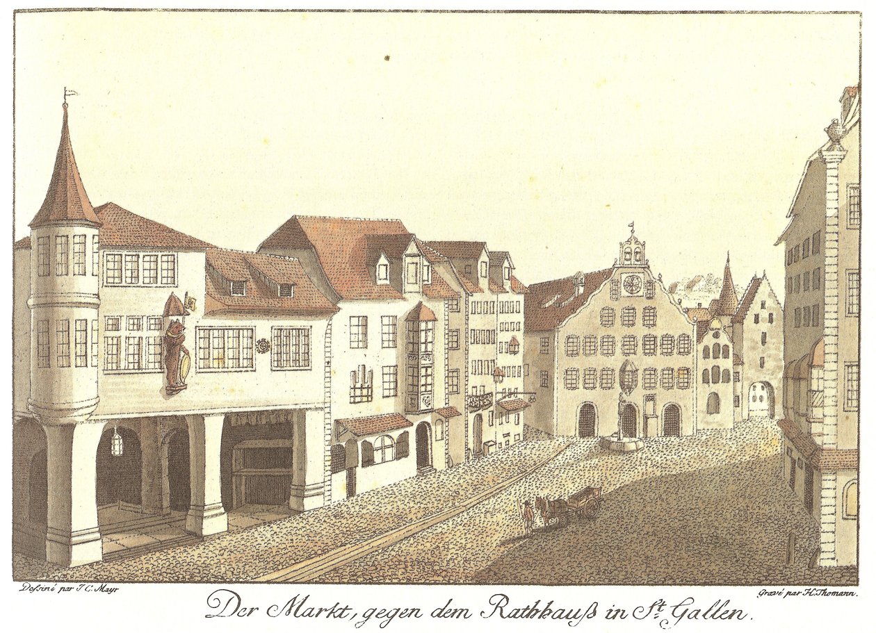 Der Markt gegen dem Rathauß kaupungissa St.Gallen (Alkuperäinen nimi) tekijältä Johann Conrad Mayr