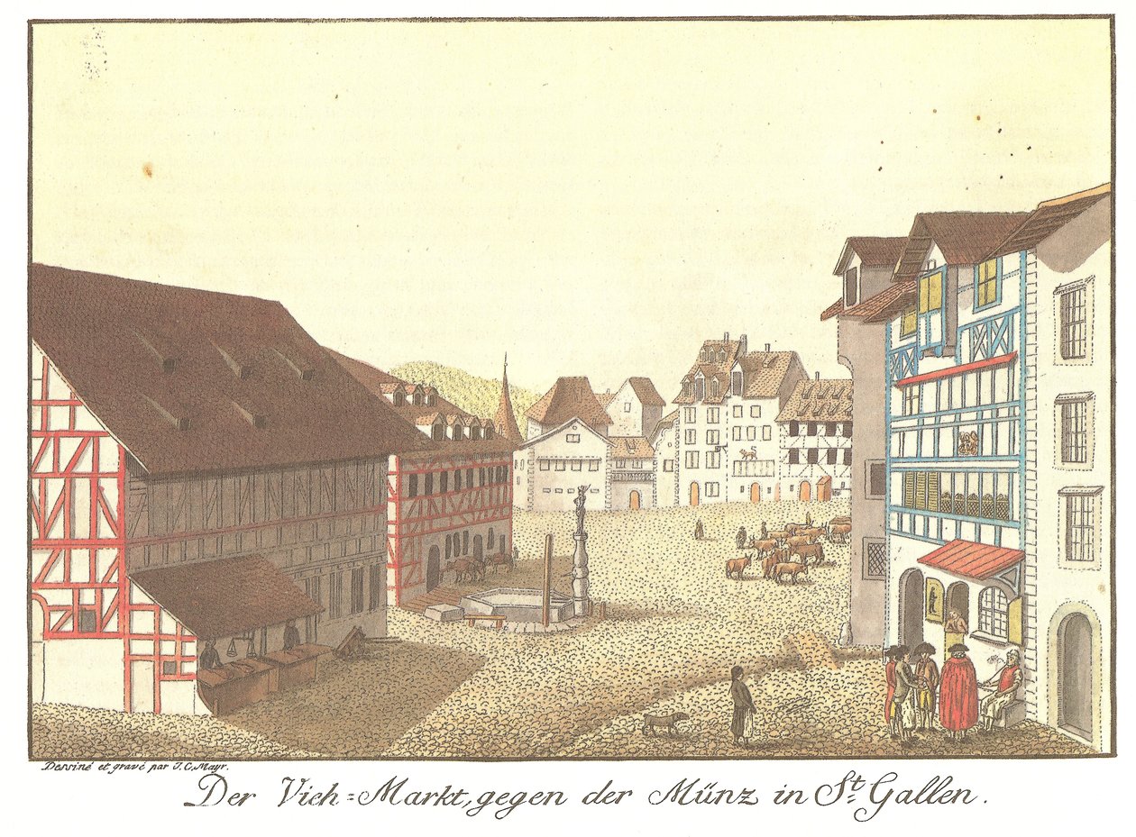 Der Vieh-Markt gegen der Münz kaupungissa St.Gallen (Alkuperäinen nimi) tekijältä Johann Conrad Mayr