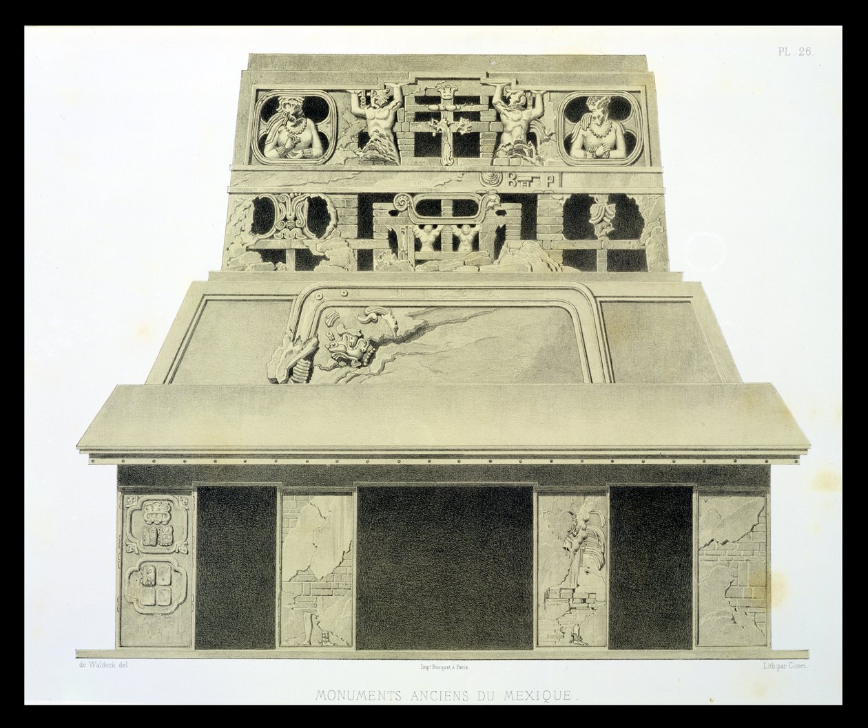 Auringon temppelin julkisivu, Palenque, levy 26 julkaisusta "Ancient Monuments of Mexico", kaivertanut Eugene Ciceri (1813-90) 1866 tekijältä Johann Friedrich Maximilian von Waldeck