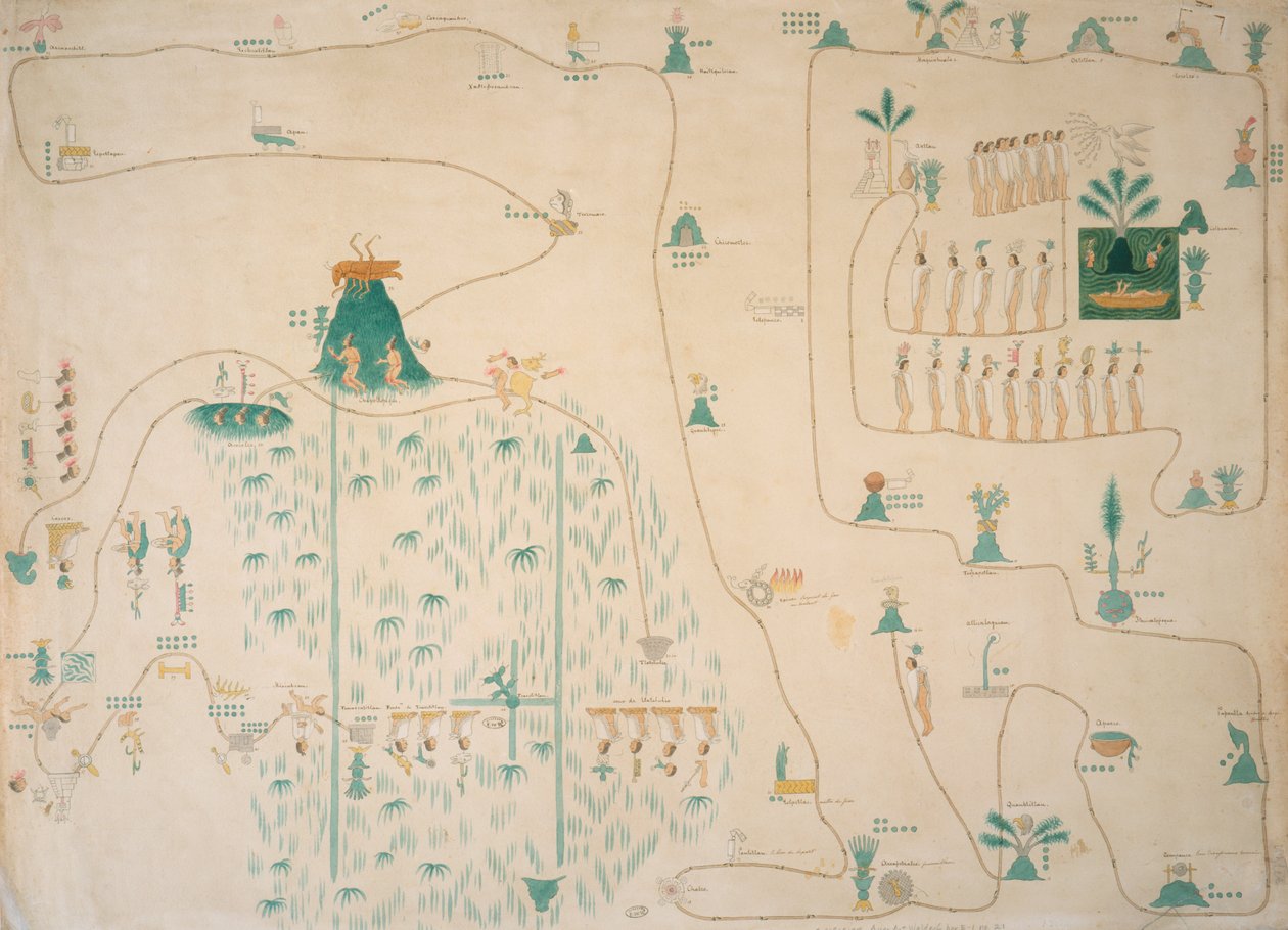 Glyfikartta atsteekkien vaelluksesta Aztlanista Tenochtitlaniin, julkaistu n. 1830 tekijältä Johann Friedrich Maximilian von Waldeck