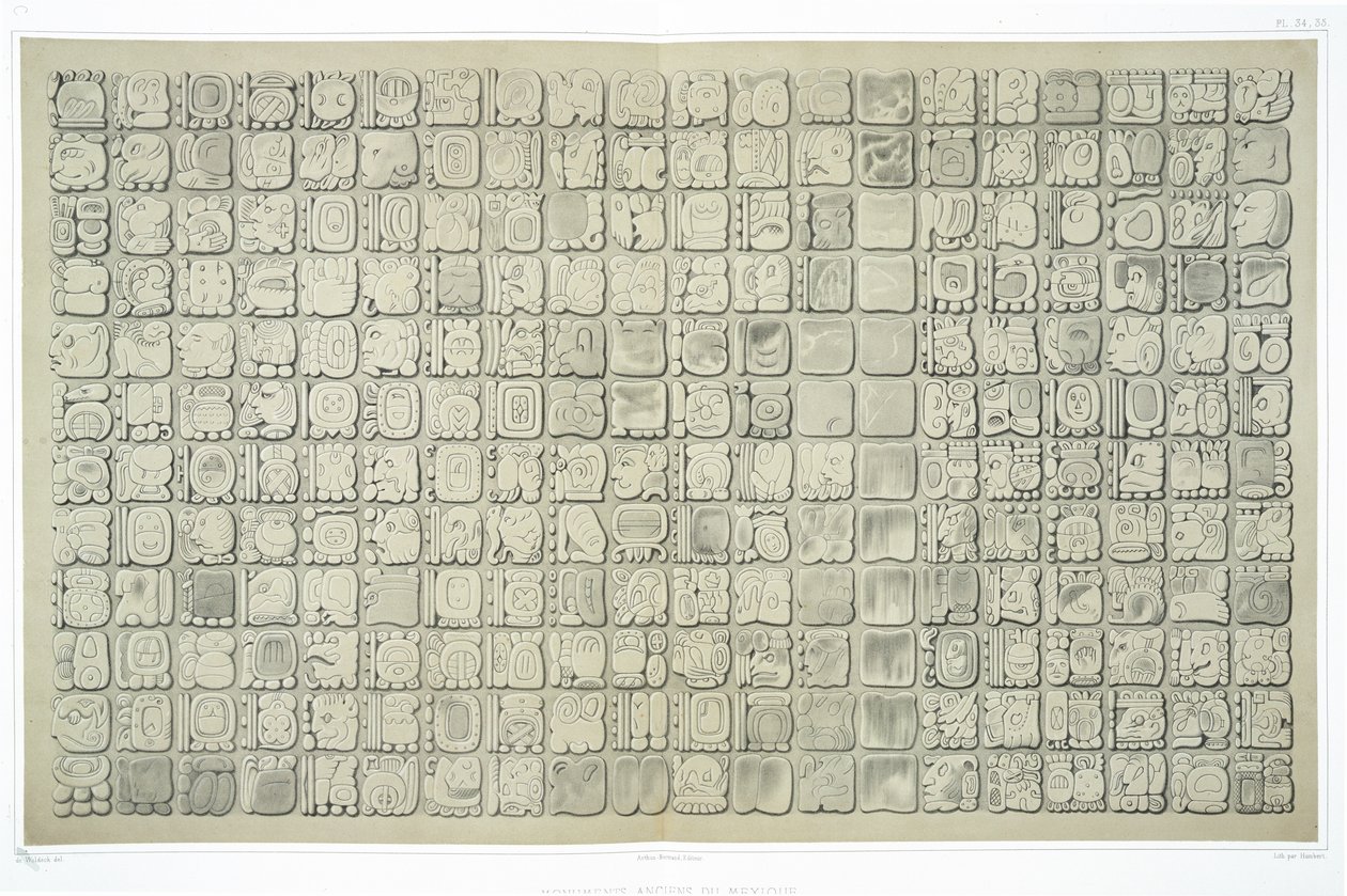 Suuri taulu, jossa ideografinen kirjoitus Temple of Inscriptions, Palenque, n. 692, levyt 34 ja 35 julkaisusta "Ancient Monuments of Mexico", kaiverrettu Humbert, 1866 tekijältä Johann Friedrich Maximilian von Waldeck