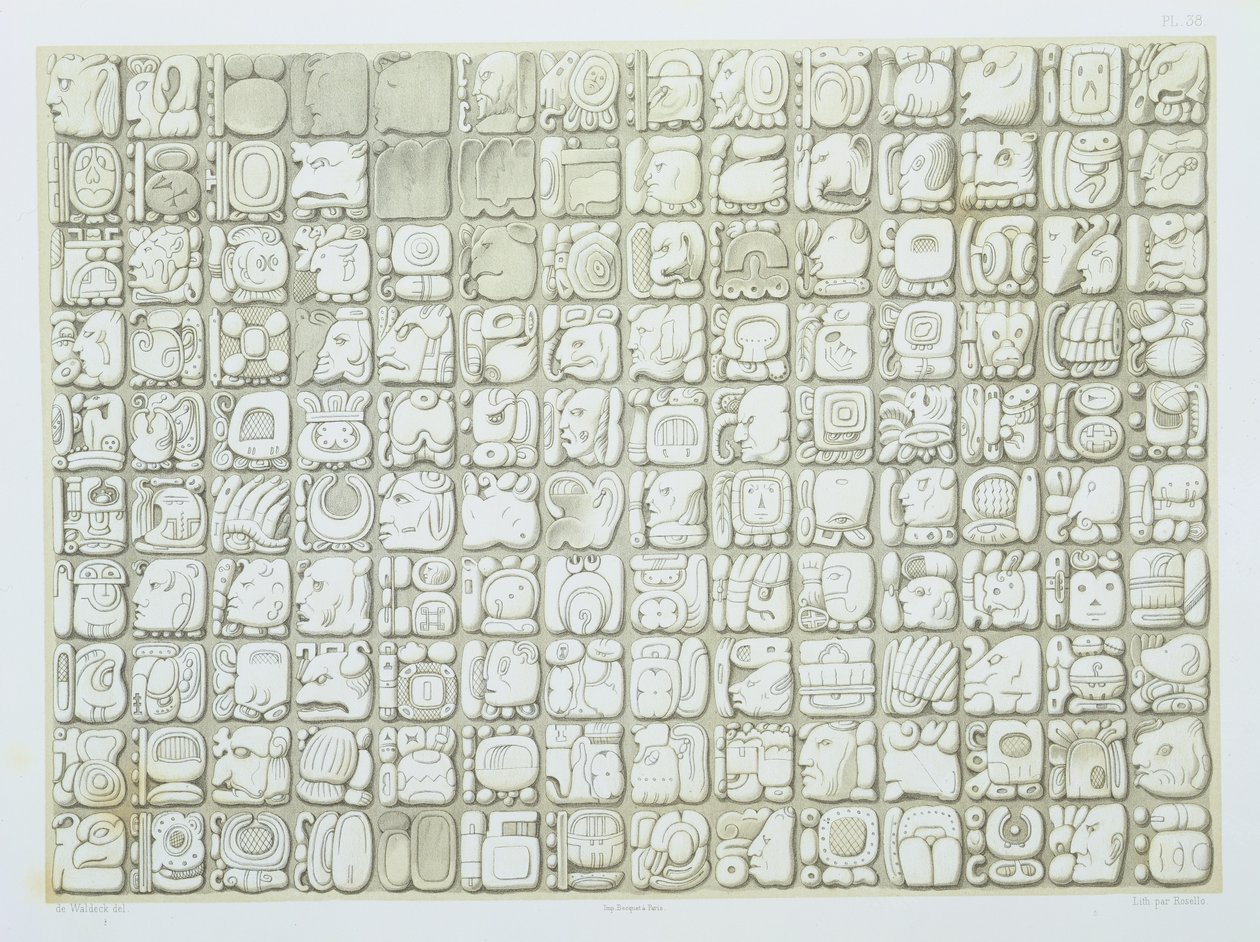 Ideografinen kirjoitustaulu Palenquen temppelistä, n. 692, levy 38 julkaisusta "Ancient Monuments of Mexico", kaivertanut Rosello, 1866 tekijältä Johann Friedrich Maximilian von Waldeck
