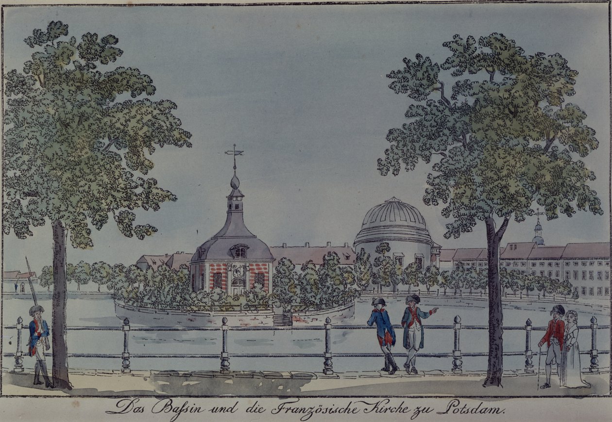 Pool ja ranskalainen kirkko Potsdamissa, n. 1796 (kynä ja muste ja wc paperilla) tekijältä Johann Friedrich Nagel