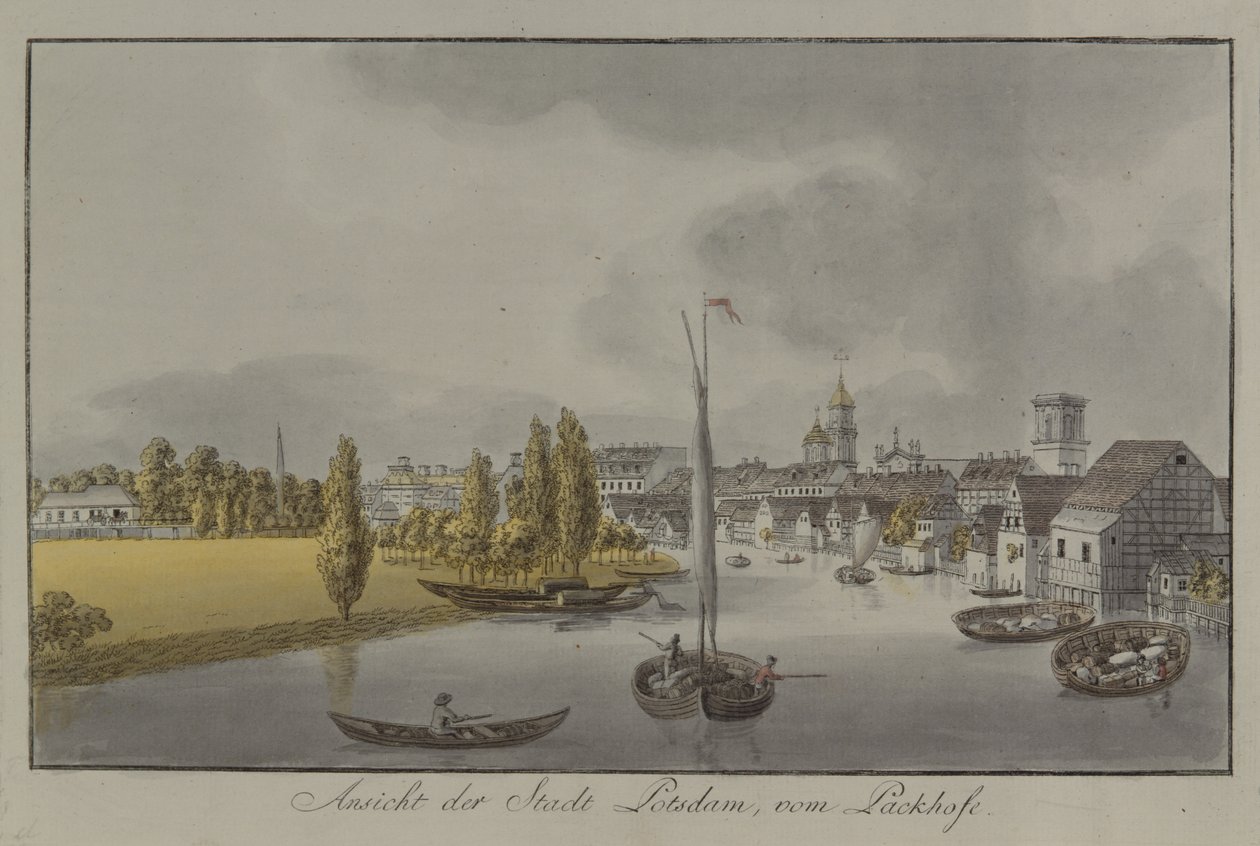 Näkymä Potsdamista, noin 1796 (käsin väritetty kaiverrus). tekijältä Johann Friedrich Nagel