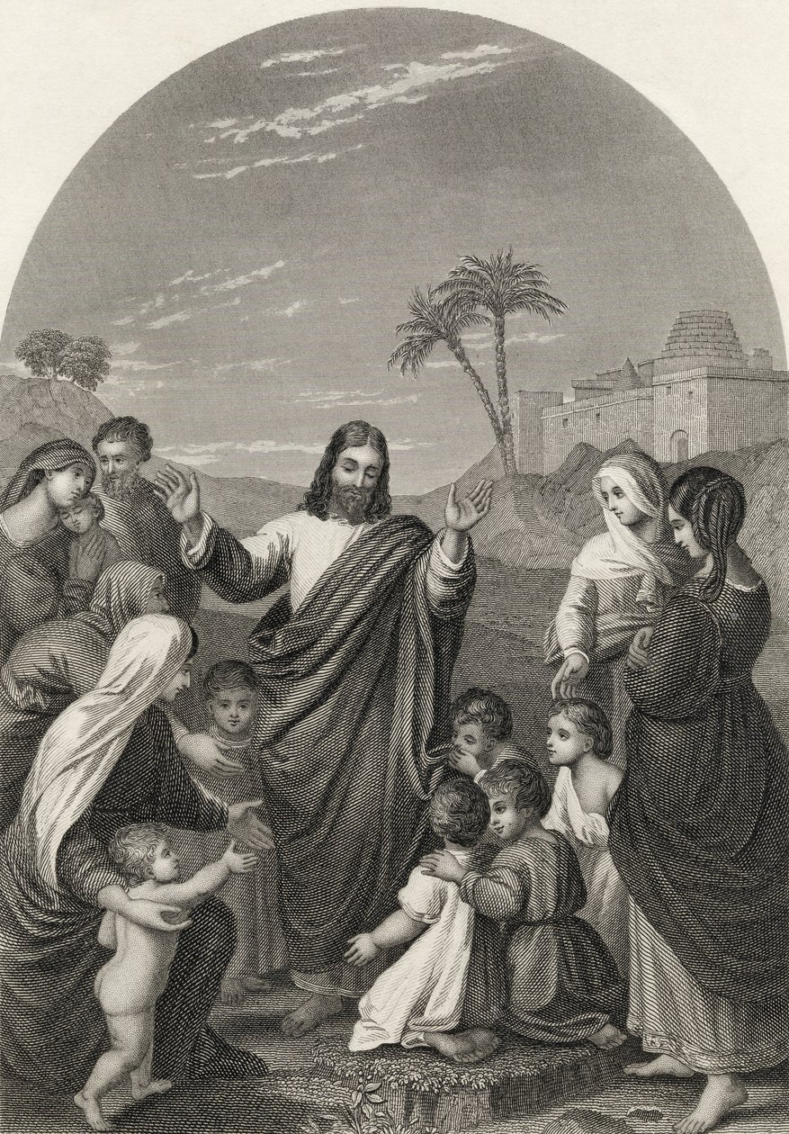 Kristus siunaa pieniä lapsia, S. Allenin kaivertama "The National Illustrated Family Bible" -julkaisusta, julkaistu noin 1870 tekijältä Friedrich Overbeck
