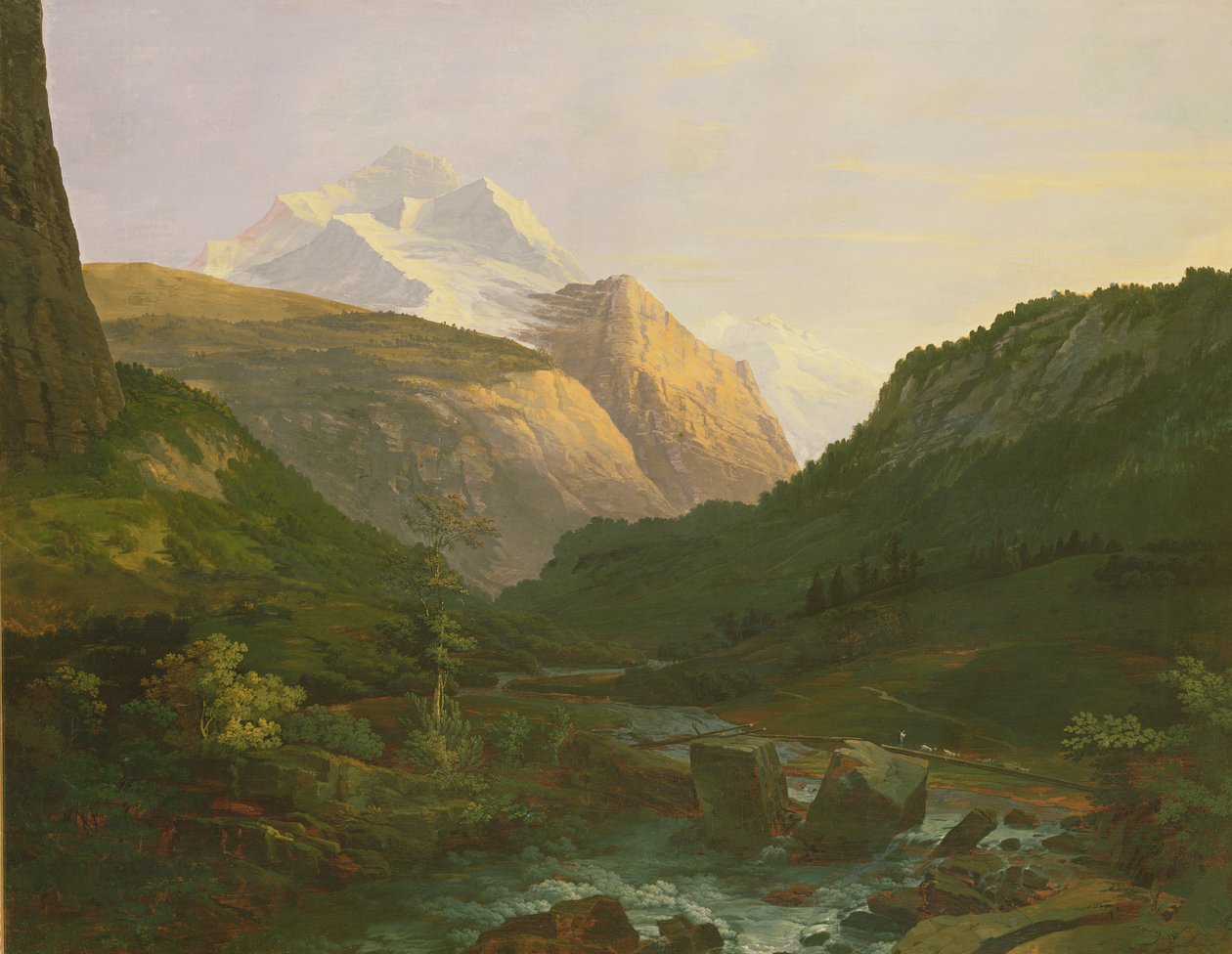 Jungfrau ja Eiger (öljy ja guassi kankaalle levitetylle paperille) tekijältä Johann Georg Volmar