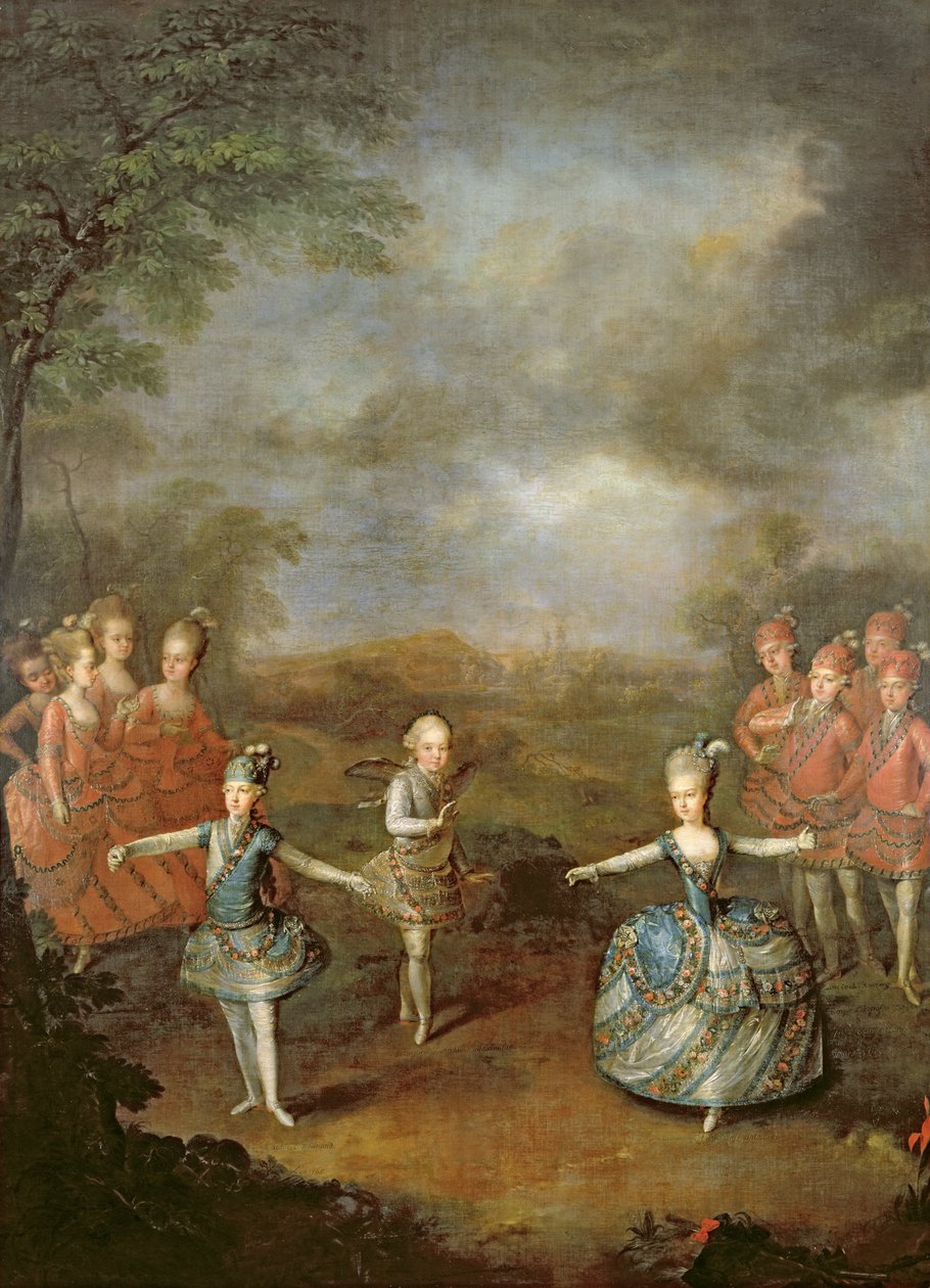 Marie Antoinette ja hänen sisarensa "Il Trionfo dell" Amoressa, esitettiin 25. tammikuuta Schönbrunnin palatsissa, 1765, 1778 tekijältä Johann Georg Weikert