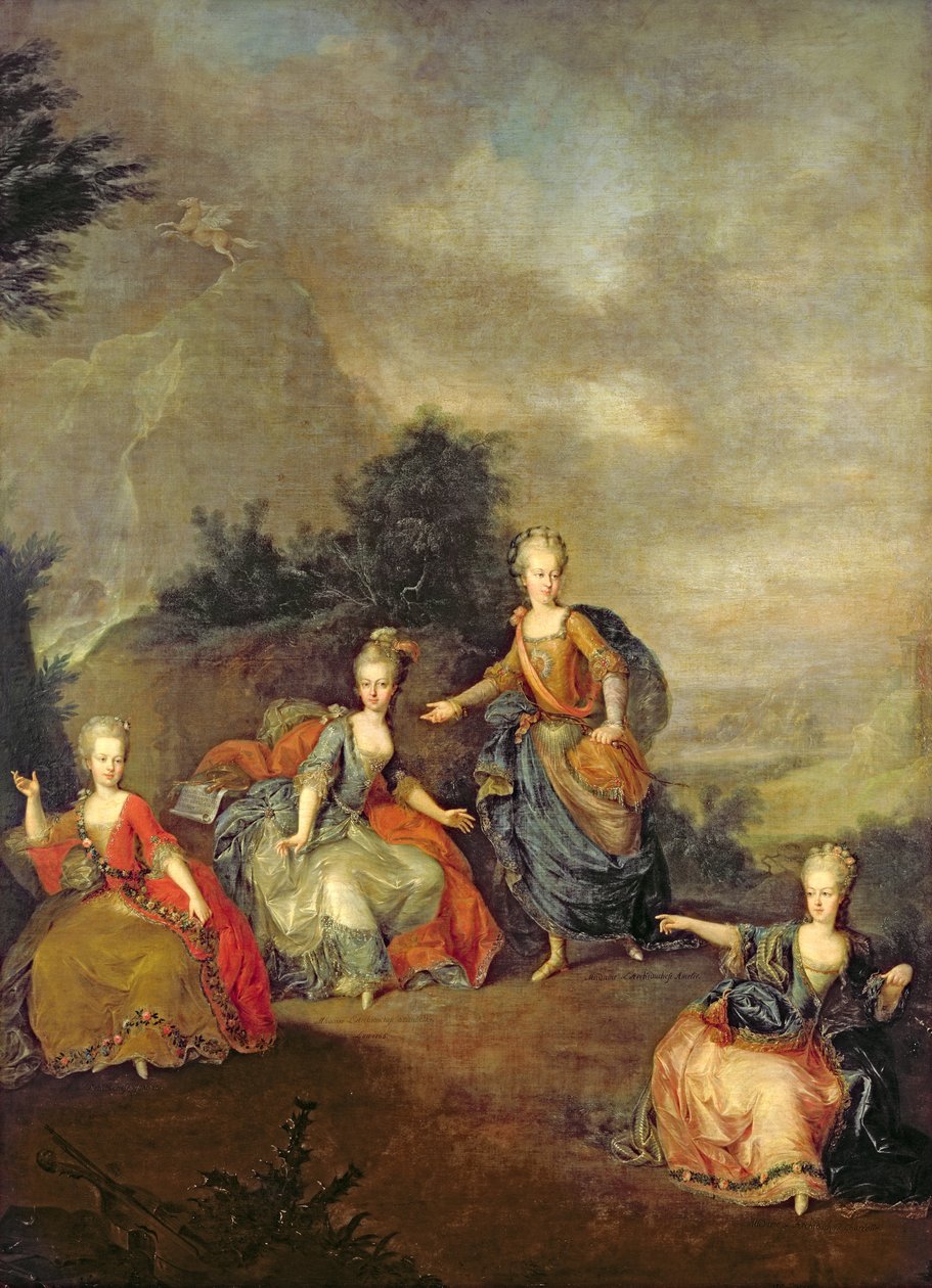 Gluckin oopperan "Il Parnaso Confuso" esitys Schönbrunnin palatsissa 24. tammikuuta 1765. tekijältä Johann Georg Weikert