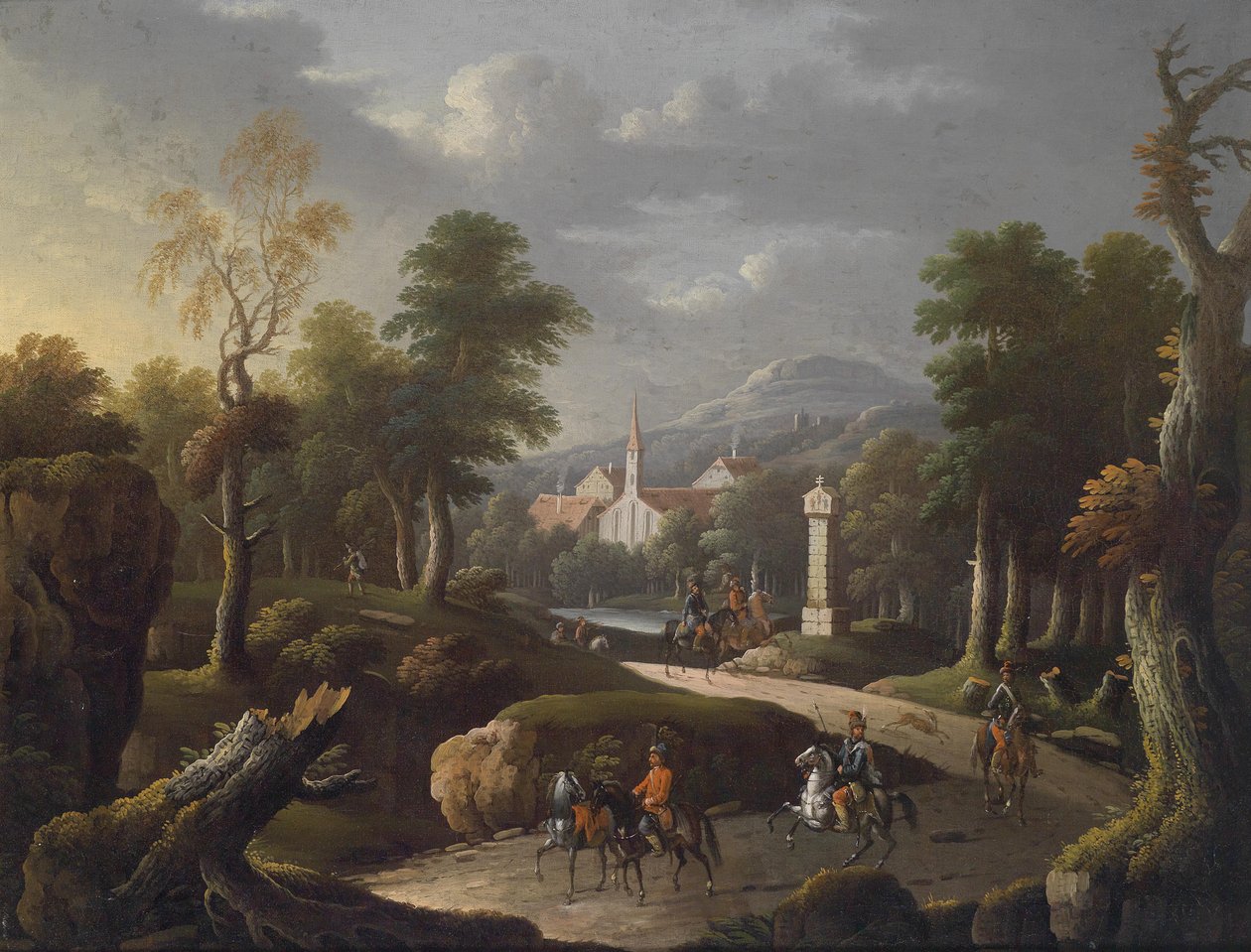 Bergige Landschaft mit Reisenden tekijältä Johann Georg von Bemmel