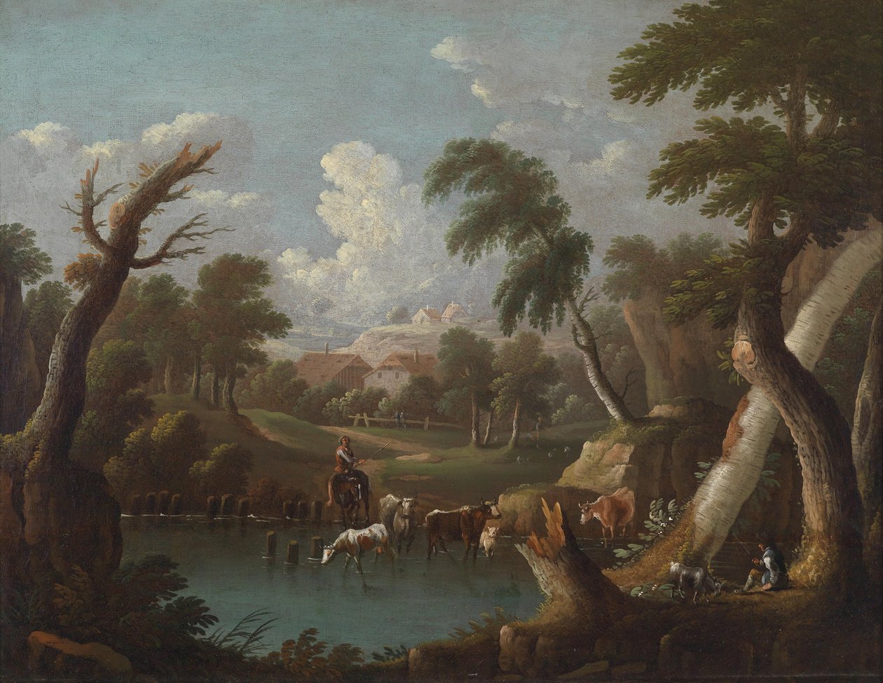 Bergige Landschaft mit trinkendem Vieh an einem Tümpel tekijältä Johann Georg von Bemmel