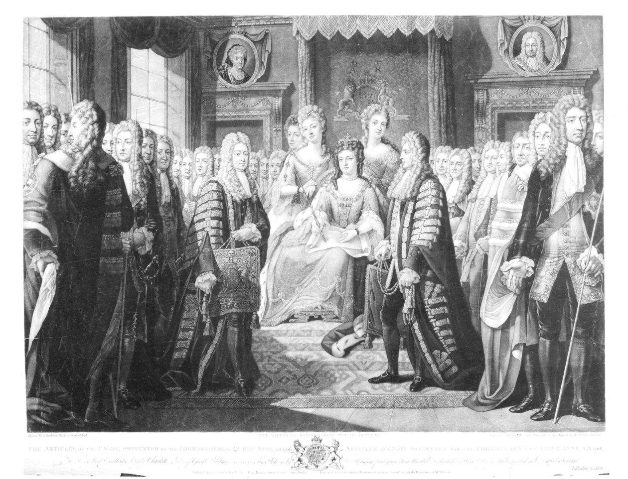 Komissaarien kuningatar Annelle esittämät liiton säännöt, 1706, levy 12 Englannin kuningattareiden historiallisista teoista, kaiverrettu Valentine Greenin (1739-1813) 1786 (bundw phot) tekijältä Johann Gerhard Huck