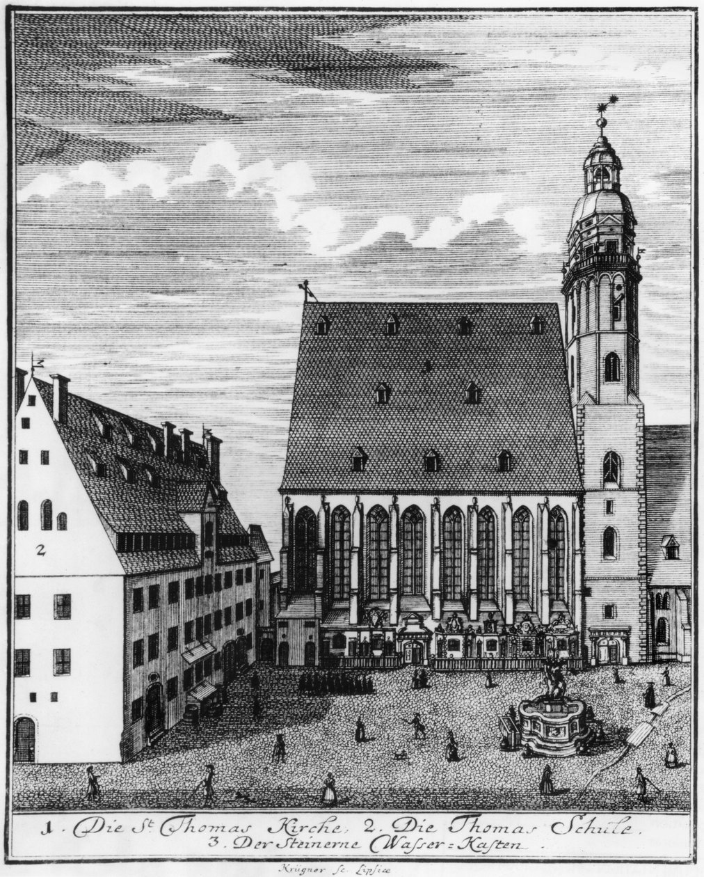 Pyhän Tuomaan kirkko ja koulu Leipzigissä, 1723 tekijältä Johann Gottfried Krugner
