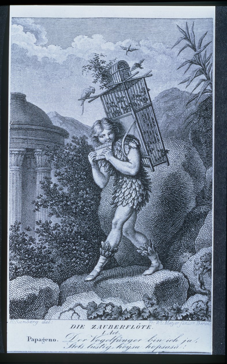 Papageno: Minä olen lintujensieppaaja, kyllä! Aina iloinen, viulu-di-i, fiddle-di-da!, Wolfgang Amadeus Mozartin (1756-91) Taikahuilun I näytös, kaiverrus Friedrich Wilhelm Meyer Senior (s.177) tekijältä Johann Heinrich Ramberg