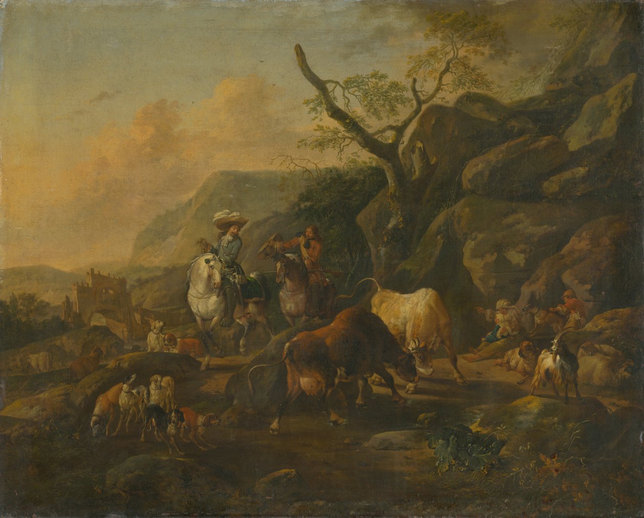 Maisema metsästäjien kanssa tekijältä Johann Heinrich Roos