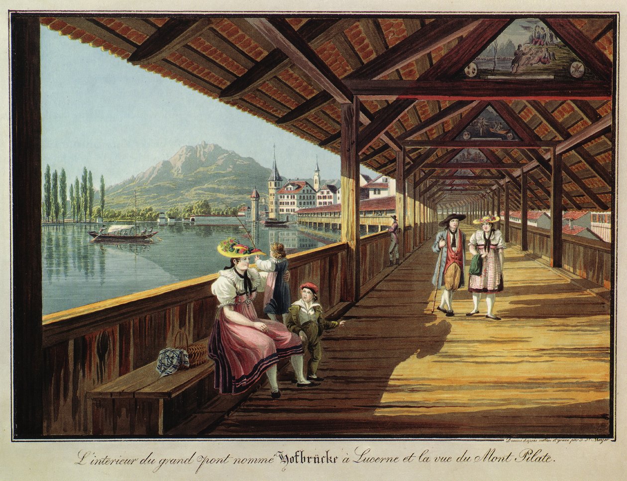 Suuren Hofbrücke -sillan sisustus Luzernissa ja näkymä Pilatus -vuorelle tekijältä Johann Jakob Meyer