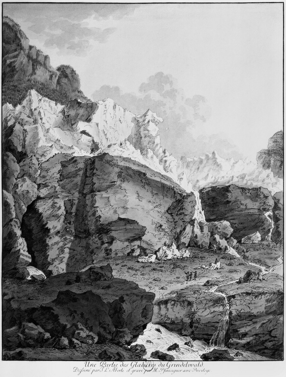 Grindelwaldin jäätiköt, kaiverrus Mathias Pfenninger (1739-1813) tekijältä Johann Ludwig Aberli