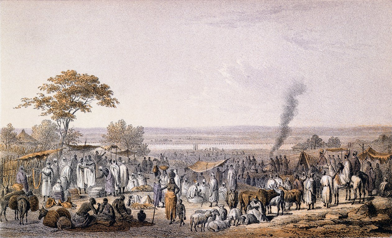 Sokoton markkinat vuonna 1853, Heinrich Barthin (1821-65) teoksesta "Matkat ja löydöt Pohjois- ja Keski-Afrikassa", Eberhard Emmengerin (1808-85) kaiverrus, 1857 (värikaiverrus) tekijältä Johann Martin Bernatz