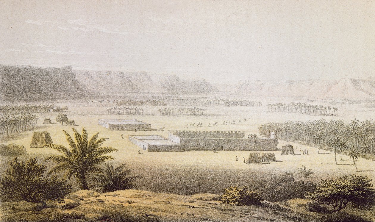 Ghatin keidas ja sen istutukset vuonna 1850, Heinrich Barthin teoksesta "Travels and Discoveries in North and Central Africa", kaivertanut J. Woelfjle, julkaistu 1857 (värikaiverrus) tekijältä Johann Martin Bernatz