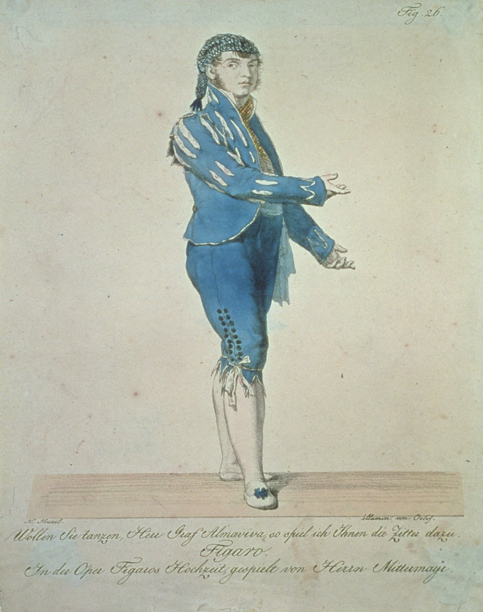 Figaro, palvelija kreivi Almavivalle, Wolfgang Amadeus Mozartin (1756-91) "Figaron häistä", kuva 26, värittäjä von Oclef tekijältä Johann Nepomuk Muxel