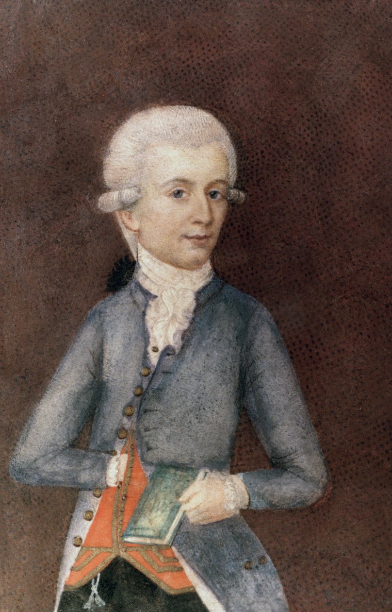 Wolfgang Amadeus Mozart, noin 1780 (pienoiskuva) (guassi, tempera, pergamentti) tekijältä Johann Nepomuk della Croce