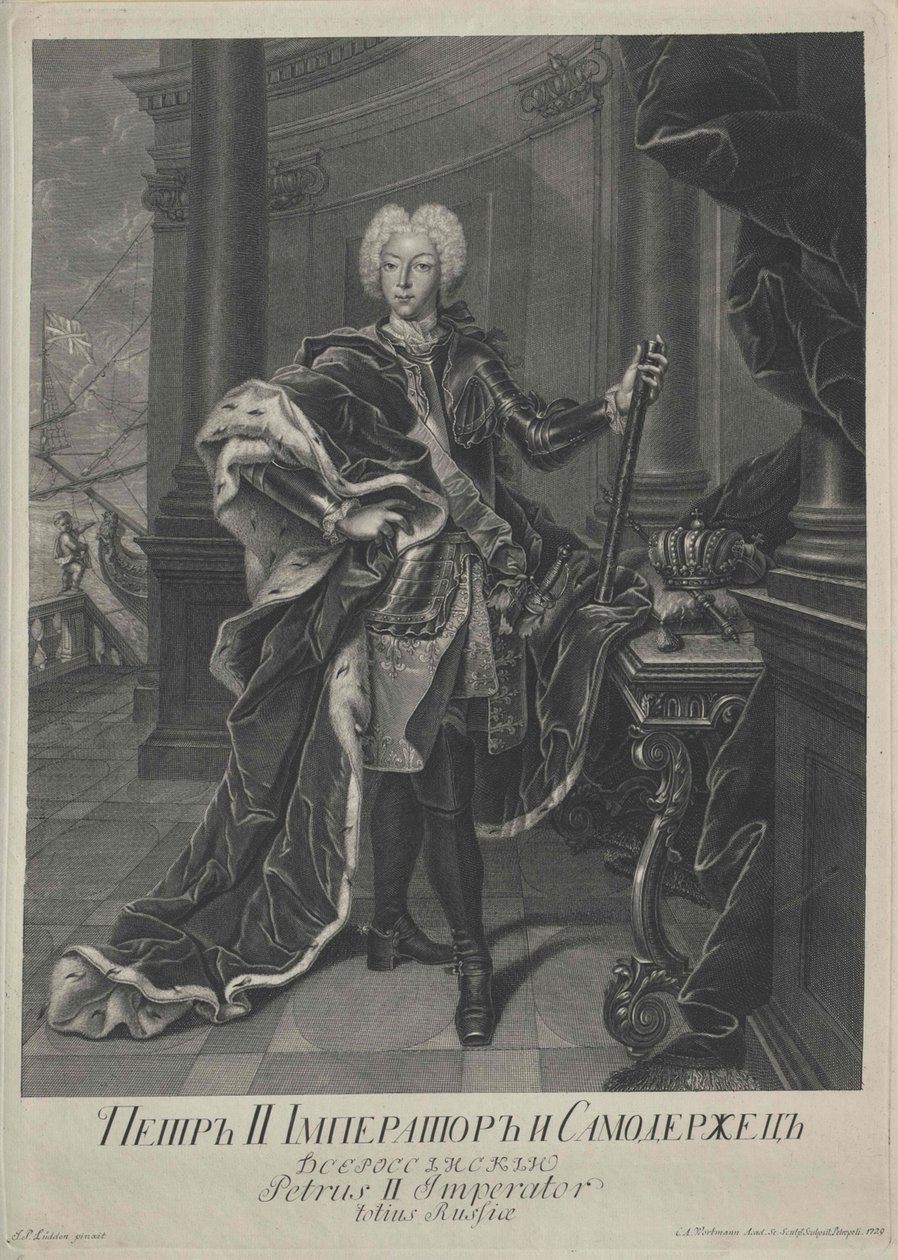 Pietari II:n muotokuva, kaiverrettu Christian Albrecht Wortmannin toimesta, 1729. tekijältä Johann Paul Luedden
