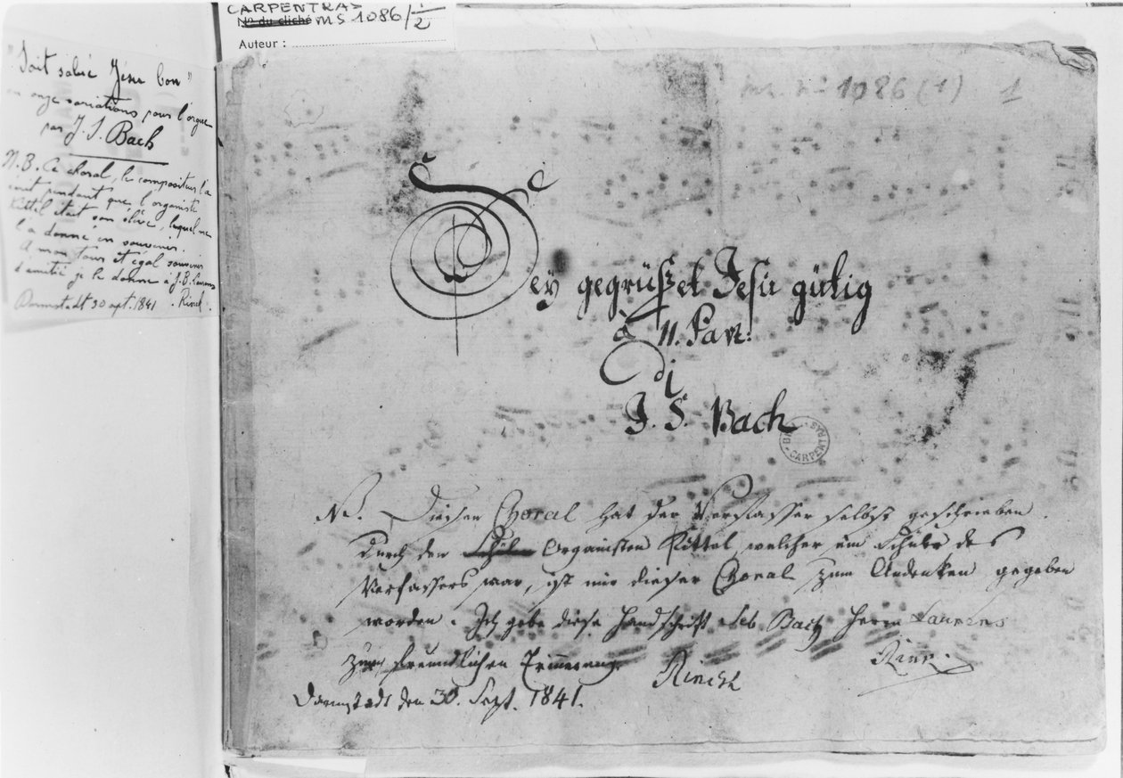 Johann Sebastian Bachin kuorovariaatiot uruille: "Sei gegrusset, Jesu gutig", otsikko ja Rinckin, käsikirjoituksen ostajan vuonna 1841 tekemät huomautukset (ms 1086 fol. 1). tekijältä Johann Sebastian Bach