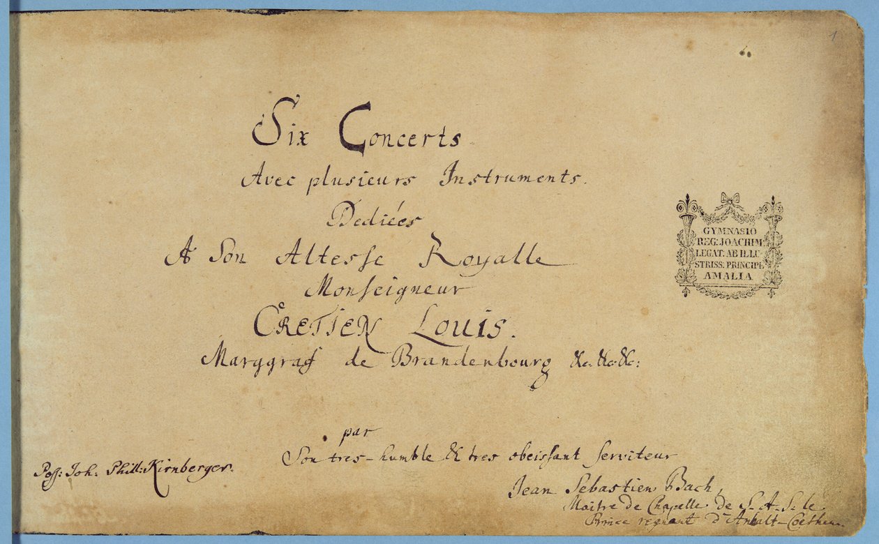 "Brandenburg Concertos" nimisivu, n. 1721 (kynä ja muste paperille) (katso myös 308426 ja 308425) tekijältä Johann Sebastian Bach