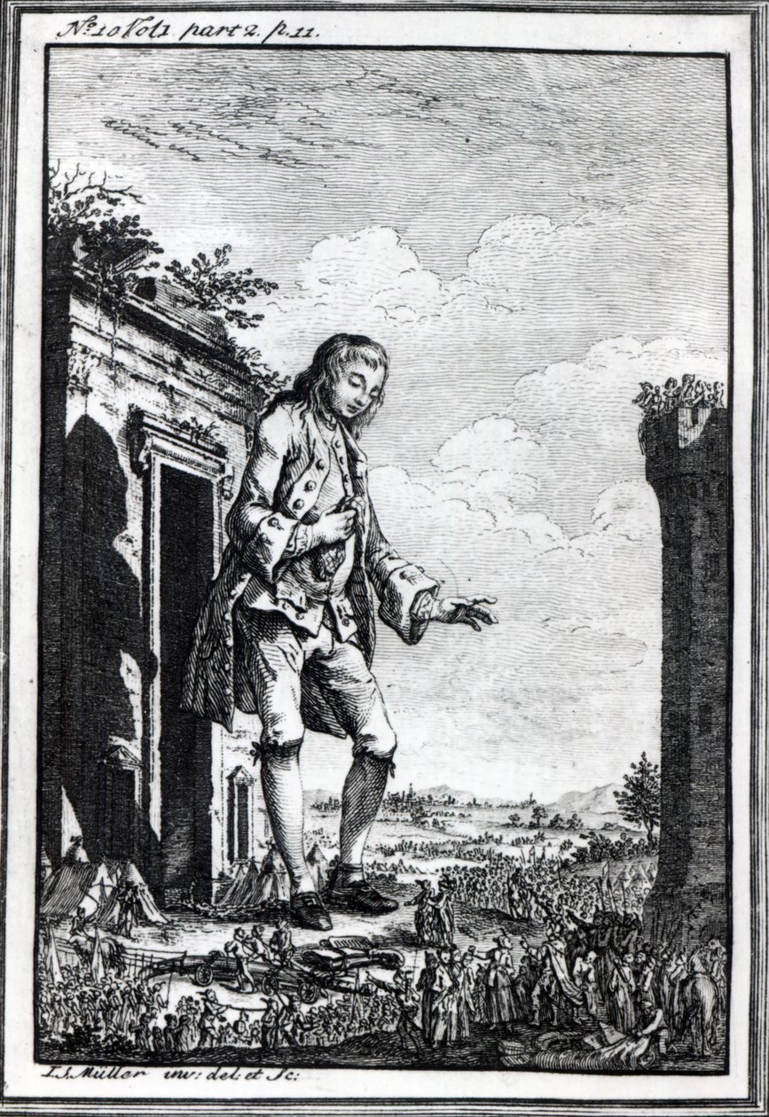 Gulliver liliputien joukossa, kuvitus Jonathan Swiftin "Gulliverin matkoista" tekijältä Johann Sebastien Muller