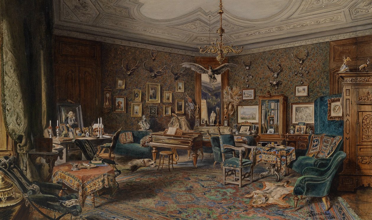 Herrschaftliches Interieur mit Jagdtrophäen an der Wand tekijältä Johann Varrone
