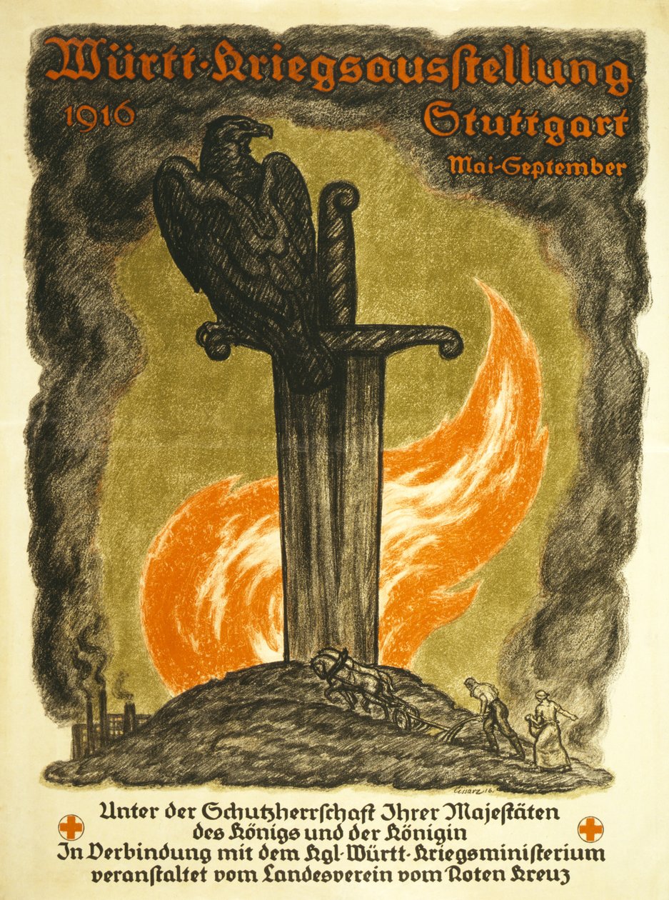 Juliste, joka mainostaa Punaisen Ristin Württin sponsoroimaa sotanäyttelyä. Sotanäyttely, 1916 Stuttgart touko-syyskuu, n. 1916 tekijältä Johann Vincenz Cissarz