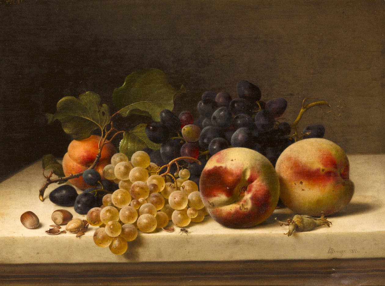 Stilleben mit Pflaumen, Trauben und Haselnüssen tekijältä Johann Wilhelm Preyer