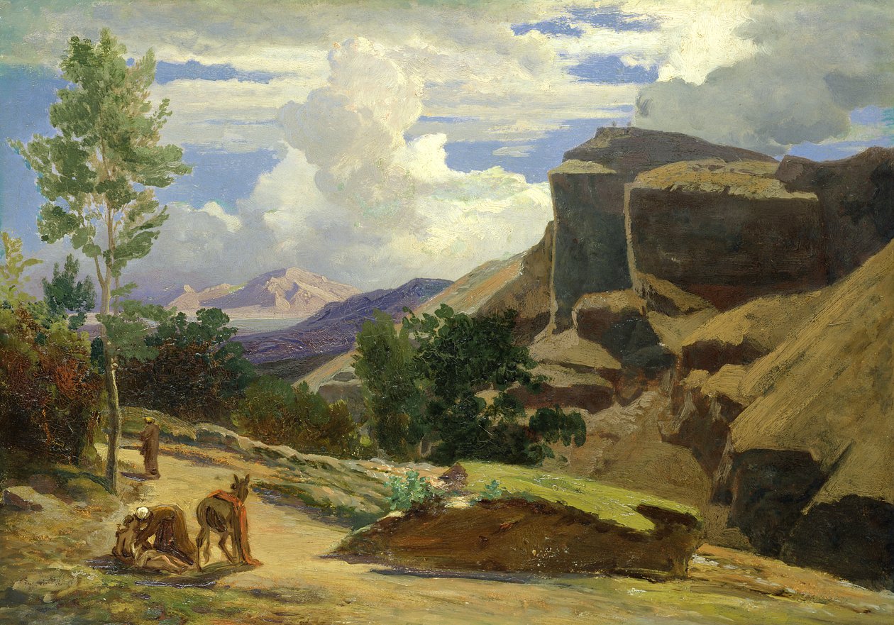 Italian maisema (tutkimus) (öljy paperille asetettuna kankaalle) tekijältä Johann Wilhelm Schirmer